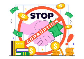 International Anti Corruption Day Illustration Featuring a Stop Giving Money Message with Dollar Coins, Prohibition Sign, and Chains in a Background