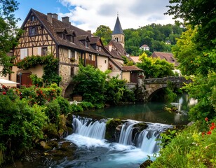 Quaint European village by a flowing stream