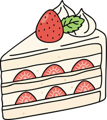 Strawberry Shortcake Slice Vector Illustration – Cute Layered Cake with Cream and Strawberry Topping Isolated