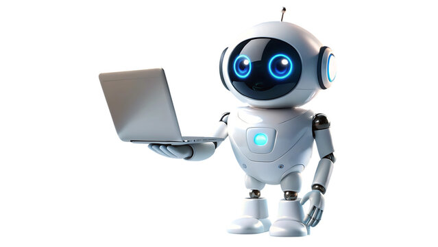 A cute robot holding a laptop isolated on transparent background, showcasing artificial intelligence and technological advancement - Powered by Adobe
