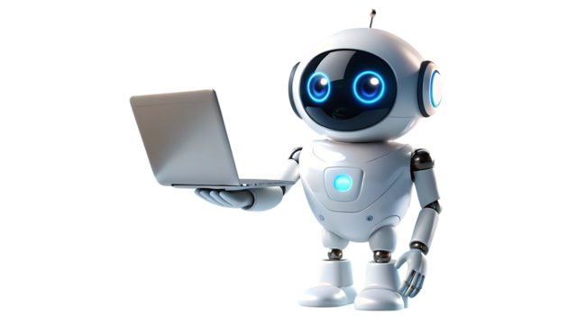 A cute robot holding a laptop isolated on transparent background, showcasing artificial intelligence and technological advancement