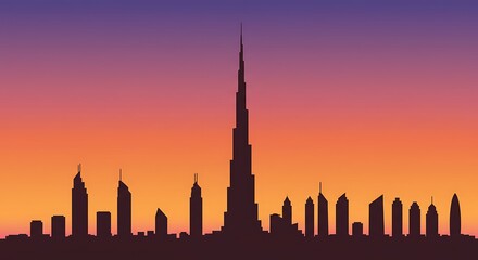Obraz premium Silhouette of modern city skyline against a colorful gradient sky