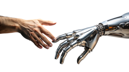 Human hand reaching out to touch a robot hand isolated on transparent background, symbolizing the integration of technology