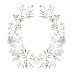 Watercolor Dusty Flowers Wreath with Lush Greenery and Delicate Blossom, Elegant Botanical Frame for Wedding Stationery and Anniversary Designs