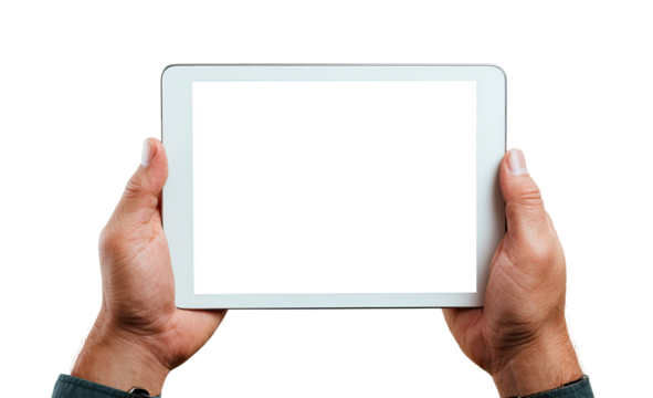 Hands holding a tablet computer with a blank screen