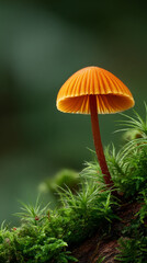 Fototapeta premium Single mushroom emerging on mossy forest floor symbolizing growth resilience mystery and the quiet beauty of nature in a serene woodland atmosphere.