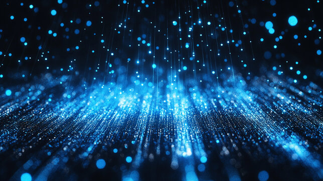 Abstract digital background with cascading blue particles falling vertically. Futuristic and minimal design symbolizing data flow, technology, energy, and motion. Perfect for modern visuals.