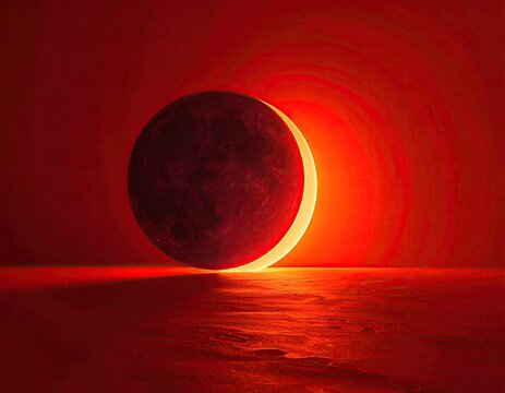 Lunar eclipse on a red planet, glowing halo, reflected light on smooth surface
