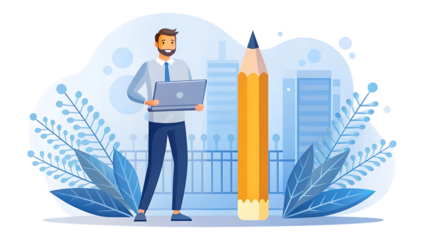 A man with a laptop standing next to a giant pencil in front of a city skyline isolated on transparent background