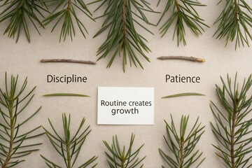 Flat lay image of pine needles with words about routine growth