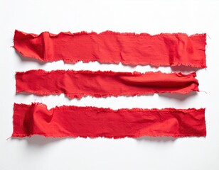 Three vibrant red fabric strips with frayed edges, laid horizontally on a white surface