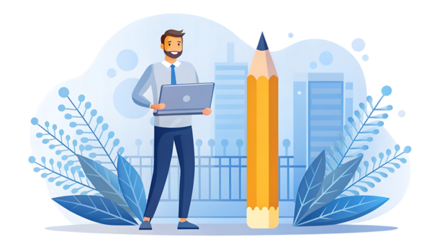 A man with a laptop standing next to a giant pencil in front of a city skyline isolated on transparent background