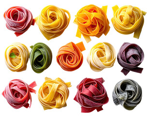 Overhead view of assorted, colorful, ribbon pasta nests against black