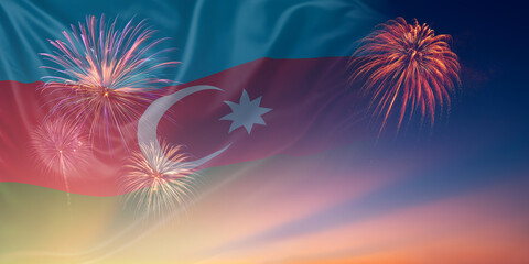 Waving National flags of Azerbaijan In sky with fireworks and text
