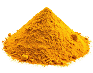 A vibrant, yellow mound of finely ground spice sits against a black background