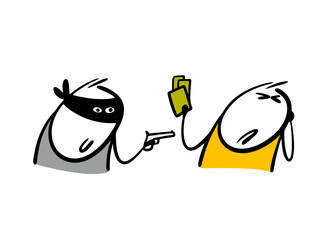 Cartoon robber in a black mask attacked a passerby, takes money. Vector illustration the unfortunate stickman squeezed his eyes shut, scared, gives cash.