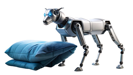 A robotic dog stands near a stack of blue pillows, isolated on transparent background, showcasing advanced technology and design