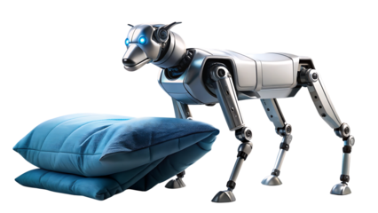A robotic dog stands near a stack of blue pillows, isolated on transparent background, showcasing advanced technology and design