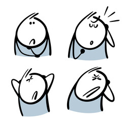 Cartoon set of vector illustrations of   character with negative emotions. Annoyance, frustration, and headache. Funny people, doodle stickman and gestures.