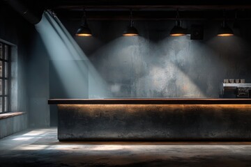 Industrial bar interior featuring a sleek countertop illuminated by warm pendant lights, with dramatic shadows and textured walls creating a moody atmosphere for social gatherings