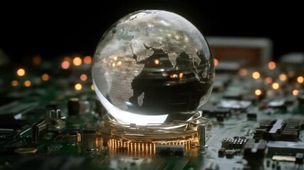 Glass globe on circuit board showing global technology and networks - Powered by Adobe