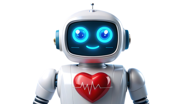 A charming white robot with a heart symbol on its chest, isolated on transparent background, radiates warmth and friendliness