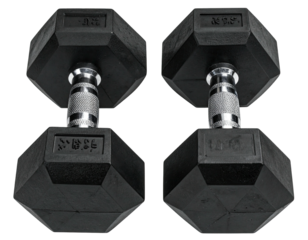 Pair of hexagonal, black dumbbells isolated against a black backdrop