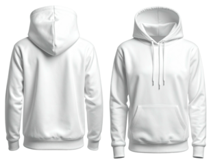 Front and back view mockup of a plain white hoodie with drawstring