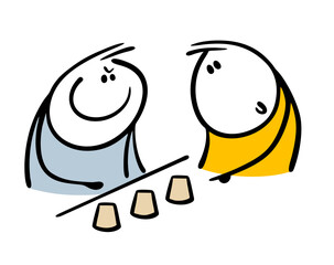 Cartoon naive passerby and an experienced scammer. Vector illustration of a clever trick, a street game with a ball and cups. Doodle Stickman points with his finger.