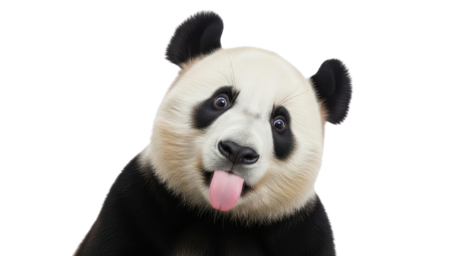 Funny panda portrait with tongue out on white background
