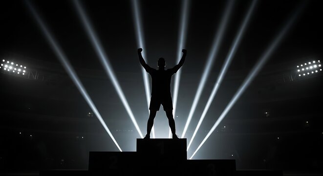 Silhouette of person celebrating victory under stage lights arms raised in triumph