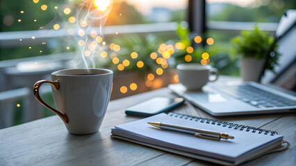 mental health awareness concept for work life balance. warmly lit coffee cup on a desk with a glowing aura