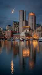 Obraz premium City skyline at dusk with a glowing comet and full moon above calm waterfront reflecting lights symbolizing wonder beauty cosmic mystery and urban serenity.