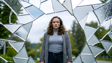 mental health awareness concept for work life balance. woman standing inside a shattered mirror piecing