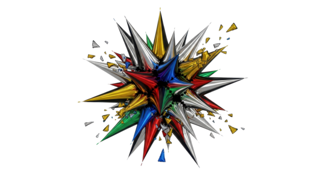 Abstract spiky shape with colorful triangular pieces on white background