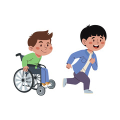 Vector illustration of happy children. A boy in a wheelchair and his friend are running together, playing tag. Concept of inclusive education, friendship, diversity, equality, childhood fun. Isolated