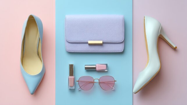 Pastel accessories purse, heels, polish, glasses. Chic flat lay composition