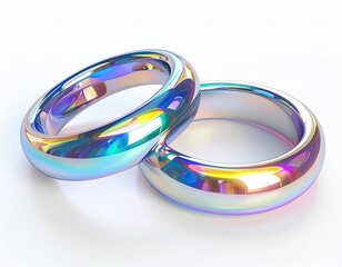 Two iridescent rings, rendered to reflect light, lie side-by-side against a white backdrop