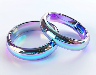Two shiny, rounded rings overlap, reflecting colorful light on a white surface