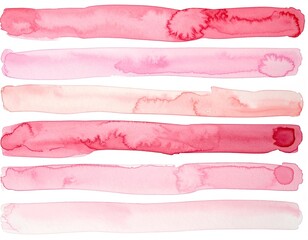 Six parallel horizontal brushstrokes of varying pink and red watercolor paint