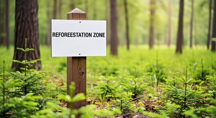 Realistic mockup of a blank reforestation zone marker in a remote area with natural light.