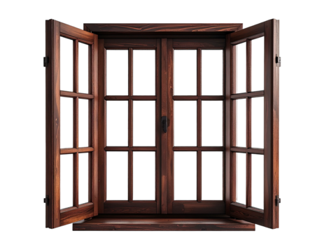 Wooden window with panes, open against black background - Powered by Adobe