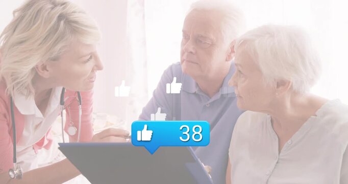 Nurse tapping tablet, explaining medical data with rising like count and confetti as couple follows