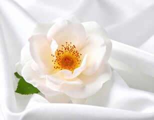 A pristine white rose with a golden center rests on a soft, white fabric
