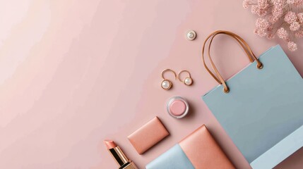 Pastel-toned flat lay features a shopping bag, lipstick, earrings, and makeup products artfully arranged with delicate flowers
