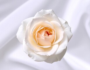 Close-up of a beautiful, creamy rose against a white, rippled cloth backdrop