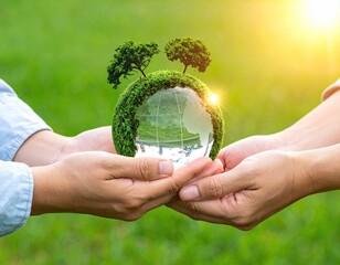 Two hands cradling a transparent globe covered in green moss with two trees, bright sun