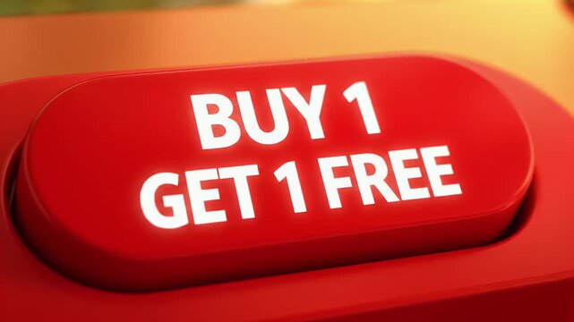 Vibrant Red 'Buy 1 Get 1 Free' Promotion Button: Eye-catching Special Offer for Sales and Discounts on a Digital Interface