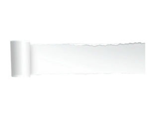 A white scroll-like banner unfurling, with a torn jagged edge against black