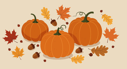 Naklejka premium Vibrant autumn harvest scene with pumpkins, acorns, and colorful falling leaves creating a festive seasonal display